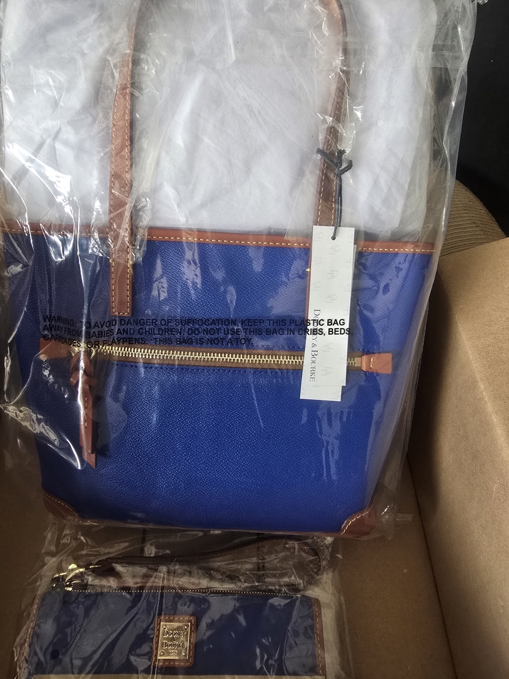 Dooney & Bourke Blue Tote with Tan Trim and Matching Wallet